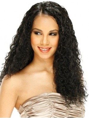 Human Hair Lace Front Wig Curly Style Long Length Black Color