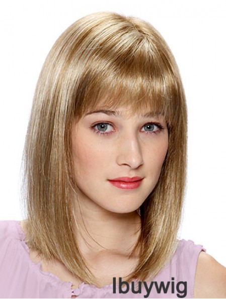 Lace Front Human Hair Wigs Blonde Color Shoulder Length With Bangs