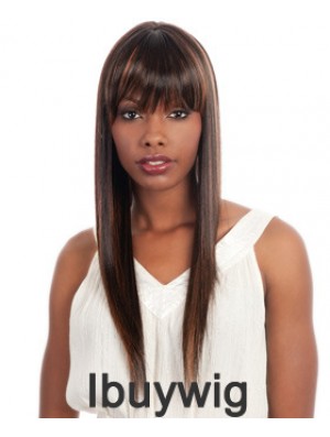 Long Brown Straight With Bangs Ideal African American Wigs