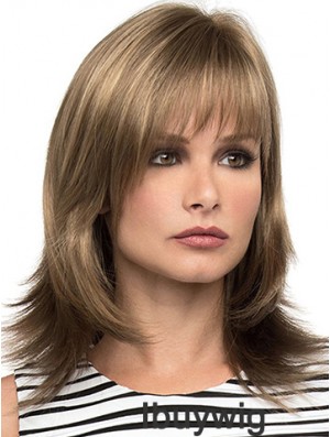 With Bangs Brown Wavy Shoulder Length 14 inch Sassy Medium Wigs