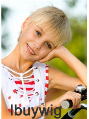 Straight Short Blonde Remy Human Hair 100% Hand-tied Kids Wigs