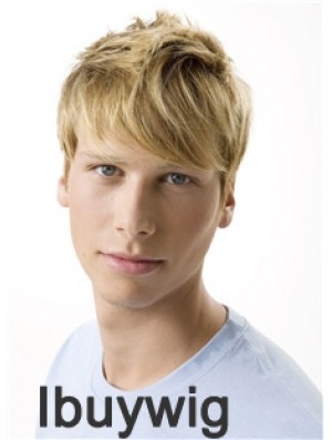 Remy Human 100% Hand Tied Short Wavy Blonde Wigs For Men