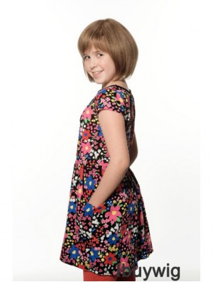 Straight Chin Length Brown Remy Human Hair 100% Hand-tied Kids Wigs